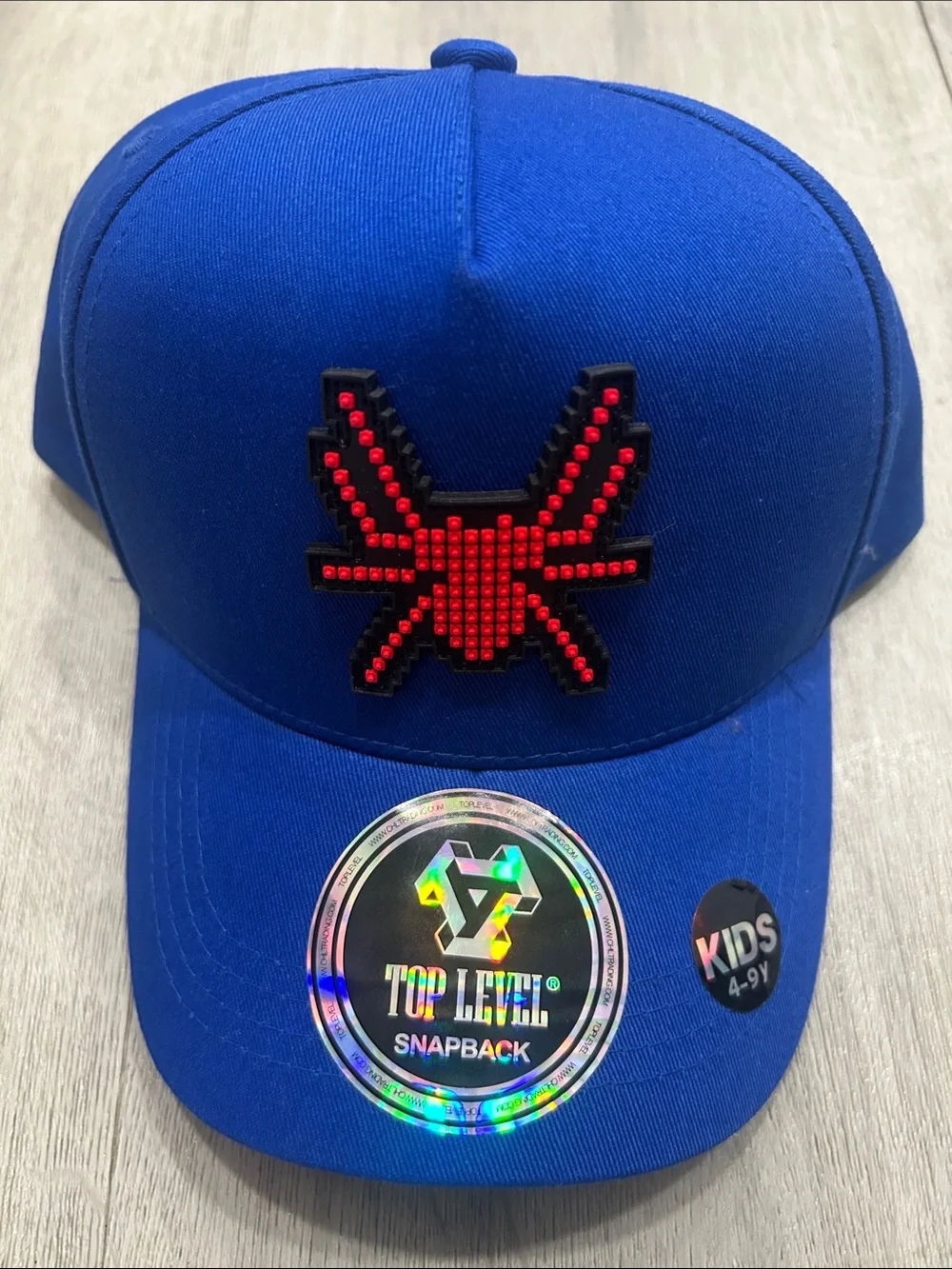Blue Kids Snapback Hat with Red Pixel Spider Logo NWT